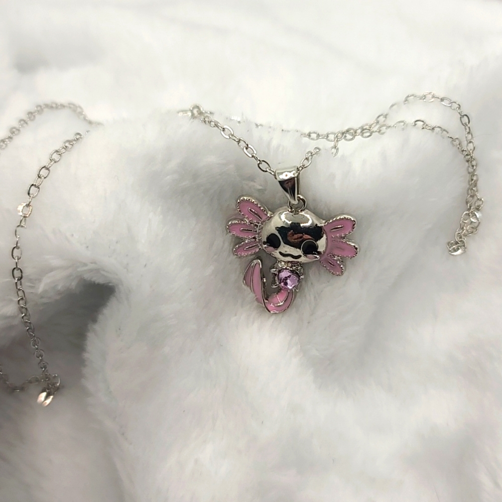 Axolot Pendant Necklace Silvertone & Pink Rhinestone NWT